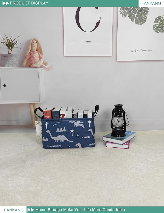 FANKANG Storage Bins, Nursery Hamper Canvas Laundry Basket Foldable with Waterproof PE Coating Large Storage Baskets for Kids Boys and Girls, Office, Bedroom, Clothes,Toys(Rec-Blue dinosaur-Ruum Studio Home
