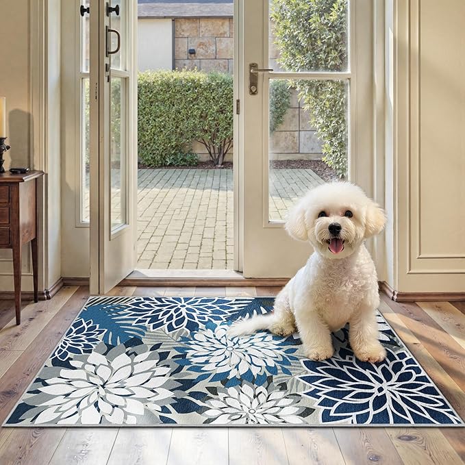 Area Rug 2x3 Blue White Washable Entry Small Rug Multicolored Tropical Botanical Modern Floral Indoor Kitchen Door Mat Entrance Carpet Non Slip for Bedroom Living Room, Porch-Ruum Studio Home