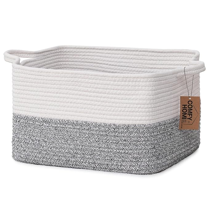 COMFY-HOMI Cotton Rope Woven Basket with Handles for Shelves,Toys,Book, Cloth Storage Baskets Bin for Organizing-13.5"x11"x9.5" Toy Decorative Organizer for Living Room, Bathroom-White/Grey-Ruum Studio Home