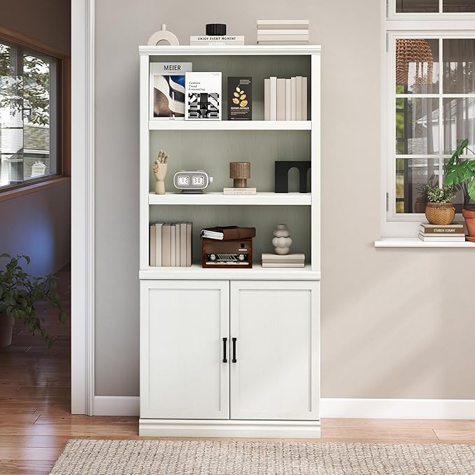 70 Inch Tall Bookcase with Doors, Library Office Bookshelf with Adjustable Shelves, Floor Standing Storage Cabinet for Bedroom Living Room Organizer with Anti Tipping Kit, Soft White Finish-Ruum Studio Home