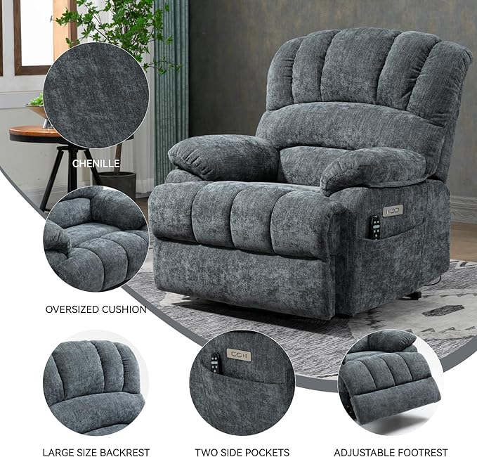 Power Lift Chair with Vibration Massage and Lumbar Heat for Elderly, Electric Recliner Chair Max 155° with Charging Ports, Blue Gray-Ruum Studio Home