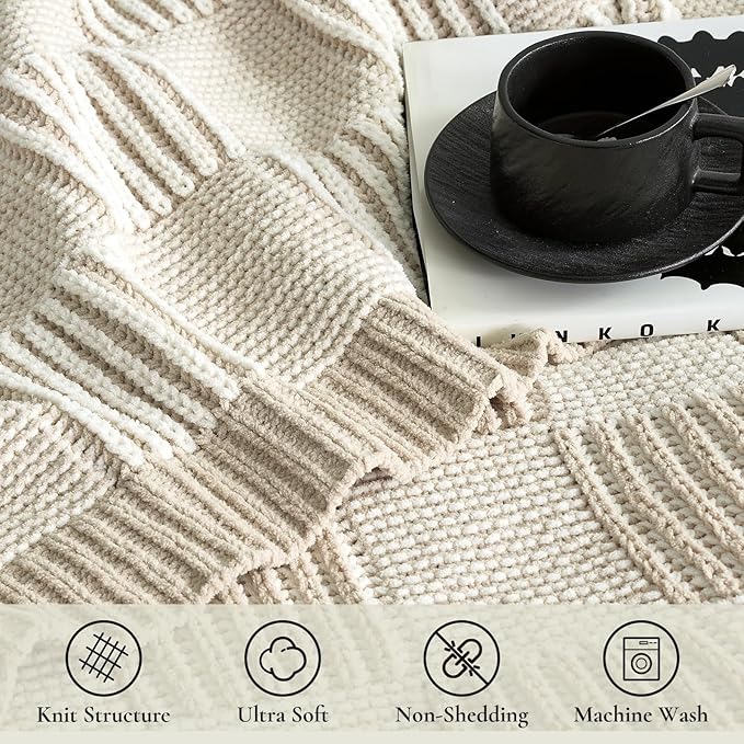 Amélie Home Chenille Knit Throw Blanket for Couch, Checkered Texture Decorative Soft Blanket for Sofa, Bed & Living Room, 50"x60", Khaki & White-Ruum Studio Home