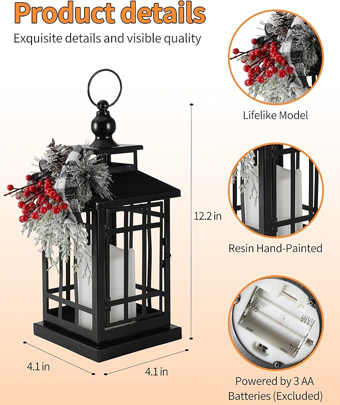 iStatue Metal Black Christmas Lantern with Flameless Candle, 14'' Modern Farmhouse Decor Festive Holiday Rustic Home Gifts for Indoor / Outdoor (Xmas)-Ruum Studio Home
