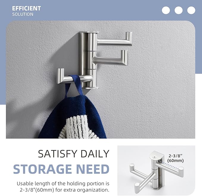 Angle Simple Swivel Towel Hook 3 Arms, SUS 304 Stainless Steel Foldable Robe Towel Hook for Bathroom, Wall Coat Holder, Brushed Nickel-Ruum Studio Home
