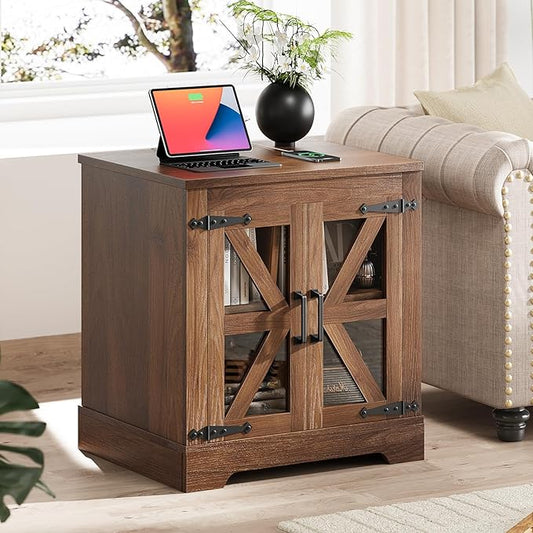 Farmhouse Side Table with Storage Cabinet, End Table with Adjustable Shelf, Night Stand, Wood Nightstand with Charger Station, 24 End Tables Living Room, Rustic Bed Side Tables Bedroom, Walnut-Ruum Studio Home