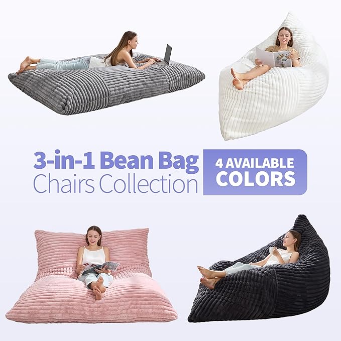 Hobestluk 3 in 1 Bean Bag Chair Giant Bean Bag Chairs Convertible Bean Bag Floor Cushion with Machine Washable Cover, Beanbag Chairs for Adult (White)-Ruum Studio Home
