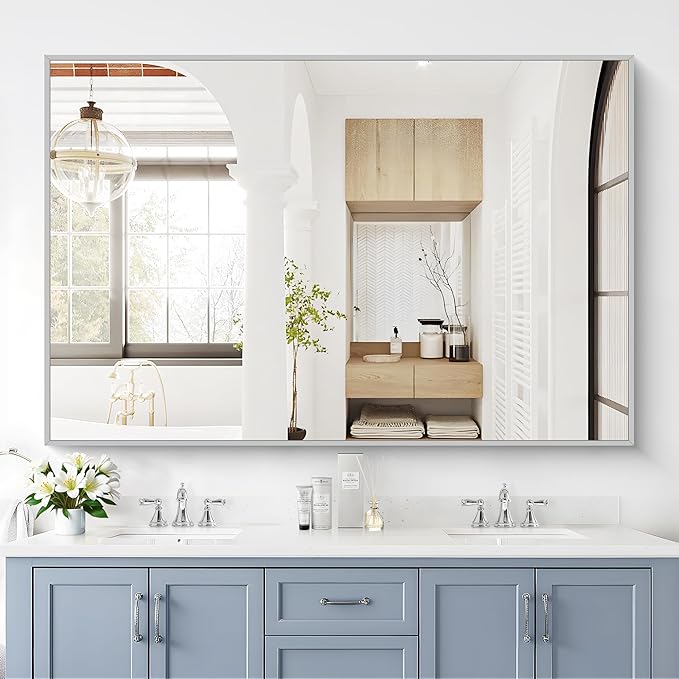 40x60inch Silver Bathroom Mirror, Silver Rectangle Mirror with Frame, Large Rectangular Wall Mirrors for Bathroom, Living Room, Hair Salon, Big Farmhouse Mirror Hang Horizontal/Vertical-Ruum Studio Home