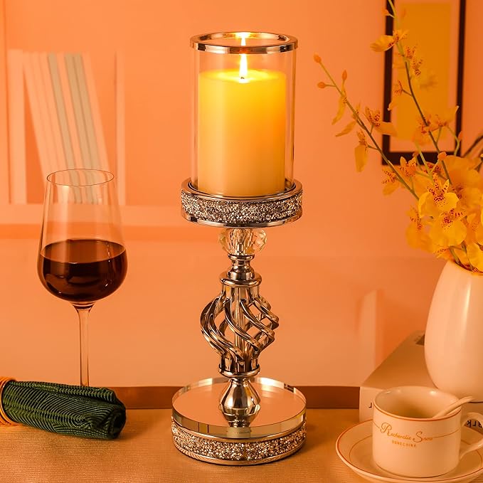 Hanjue Crystal Candle Holders for Pillar Candle, Metal Crystal Candle Holder for Home Decor, Centerpieces, Coffee Dining Table CH0509 (Silver (M))-Ruum Studio Home