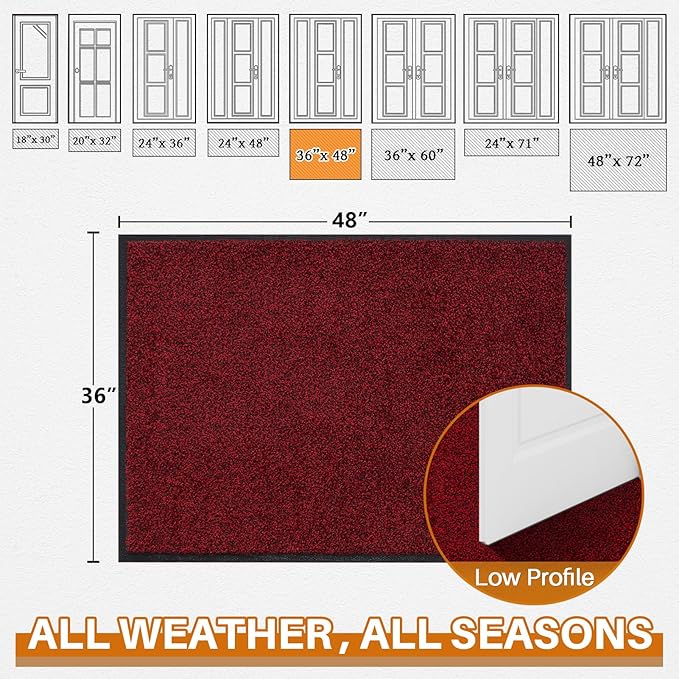 Mibao Front Door Mat, Dirt Trapper Welcome Mat for Outdoor Indoor, Non-Slip Waterproof Doormat, Durable Machine Washable Low Profile Entry Rug for Back Door Outside Patio Porch, 48" x 36", Red-Ruum Studio Home