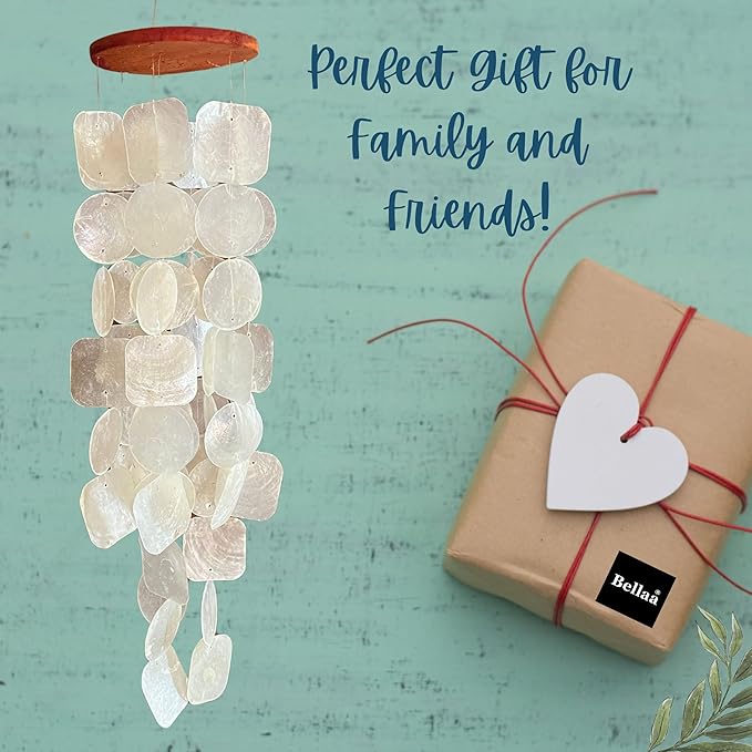 Bellaa 22913 Wind Chimes Outdoor, Garden Decorations, Musical, Indoor/Outside Windchimes, Beach, Ocean Breeze, Gifts for Mom, Gift for All Occasions, Capiz Sea Glass Shells Wood White 27 inch-Ruum Studio Home