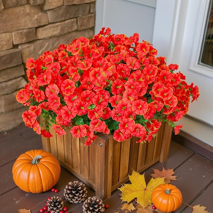 Artificial Fall Flowers Fake Plants for Outdoors Autumn Decoration, 12 Bundles Orange Silk Morning Glory with Eucalyptus Look Real UV Resistant Faux Flowers for Outside Planters Front Door Yard Indoor-Ruum Studio Home