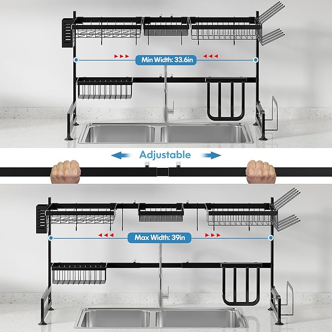2 Tier Extra Large Stainless Steel Expandable Over The Sink Dish Drainer Drying Rack, Rust Proof Metal, Space Saving, Modern Black Big Capacity Extendable Plate Strainers Above Kitchen Counter-Ruum Studio Home