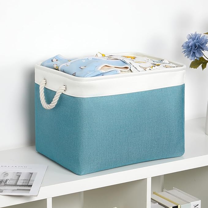 Bidtakay Large Storage Baskets for Shelves 3 Pack 16x11.8x11.8 Inch Storage Bins for Organizing Fabric Storage Cubes for Closet Clothes Basket Laundry-White&Teal-Ruum Studio Home