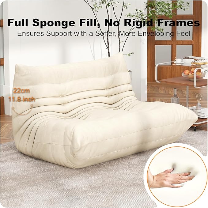 Full Foam Loveseat Sofa,Adults Bean Bag Chairs Floor Couch with Soft Waterproof Fabric,Armless Fireside Lounge Chair for Living Room,Apartment and Office (Whtie)-Ruum Studio Home