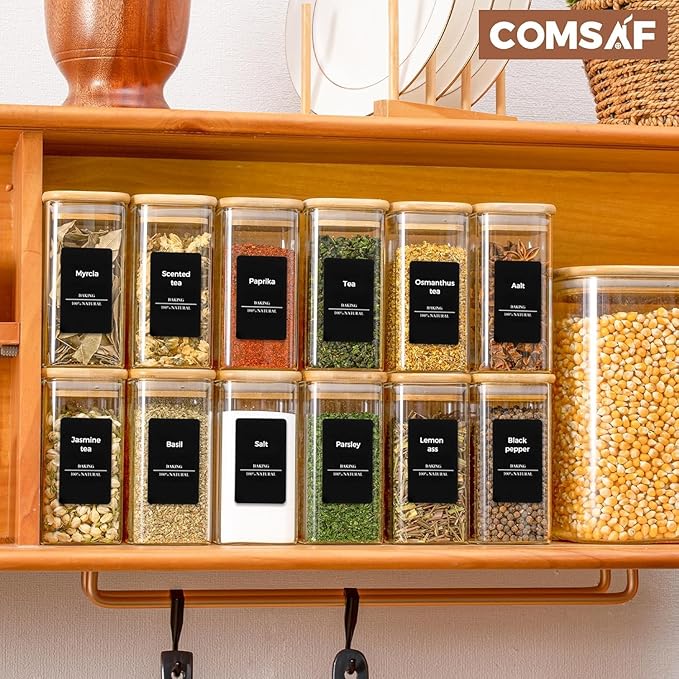 ComSaf 6Pcs 10 oz Large Spice Jars with Label Trial Set, Glass Spice Jars with Bamboo Lids Supplementary Set, Seasoning Container Trial Pack, Perfect for Ktichen Starter-Ruum Studio Home