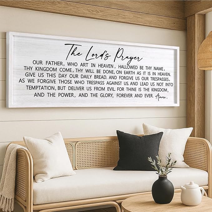 Our Father Prayer Bible Verse Framed Wall Art, 40''×15'' White Horizontal Religious Christian Lords Prayer Sign for God Jesus Christ Prayer, Rustic Holy Inspirational Catholic Scripture Decor-Ruum Studio Home