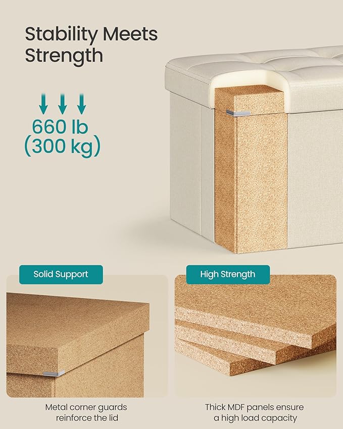 SONGMICS MAZIE Collection - 30 Inches Folding Storage Ottoman Bench, Ottoman Foot Rest, End of Bed Bench, Storage Chest, Load 660 lb, for Living Room, Bedroom, Entryway, Cream White ULSF47BE-Ruum Studio Home