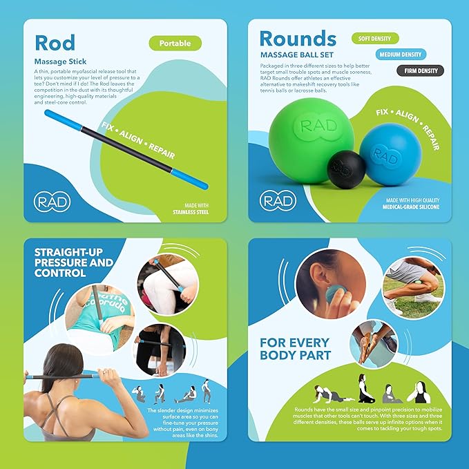 RAD All-in Complete Myofascial Release and Muscle Recovery Set - Includes Exercise Foam Rollers, Multi-Use Yoga Block, Peanut & Massage Balls, Neuro Ball Foot Roller, and Massage Stick-Ruum Studio Home