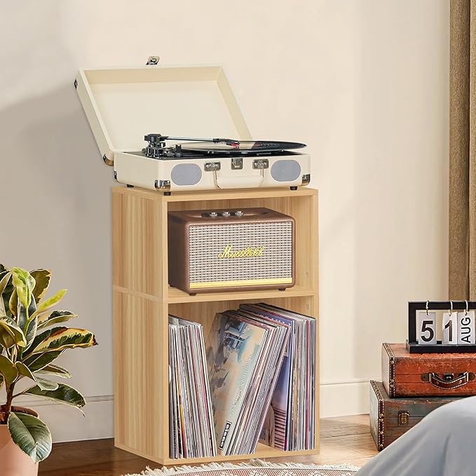 LEYAOYAO 2 Cube Bookshelf,Natural Record Player Stand Holds up to 100 Albums, Mini Wood Book Shelf Storage Organizer,Turntable Stand with Vinyl Storage Cabinet, Narrow Open Bookcase for Small Spaces-Ruum Studio Home