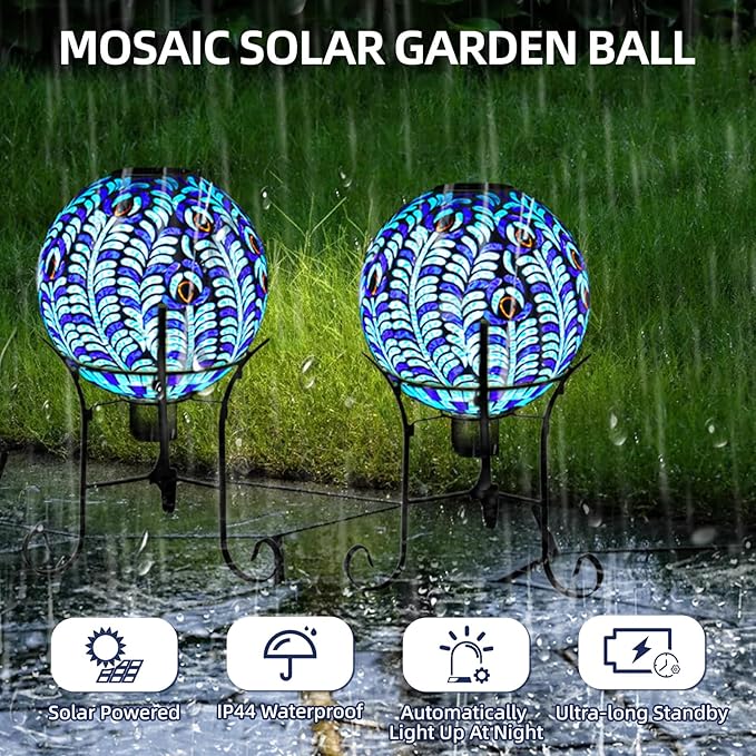 VOREEN Solar Gazing Ball, 10" Mosaic Glass Gazing Globe with Solar Light, Handmade Outdoor Yard Decor Sphere for Patio Lawn Garden, Gift for Mom Wife Friend, Peacock Feather Design (Blue)-Ruum Studio Home