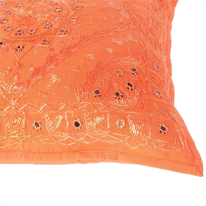 Eyes of India Embroidered Decorative Boho Throw Pillow Cover with Mirrors, Handmade Bohemian Accent Cushion Case for Sofa Couch Bedroom Living Room (Orange, 16" x 16")-Ruum Studio Home