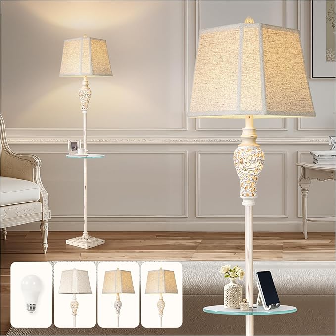 Vintage Floor Lamp with Nightlight and Glass Tray, Farmhouse Standing Lamp with White Washed Finish and Linen Shade, 65" Rustic Tall Lamp Decor for Living Room, Bedroom, Office, House (Bulb Included)-Ruum Studio Home