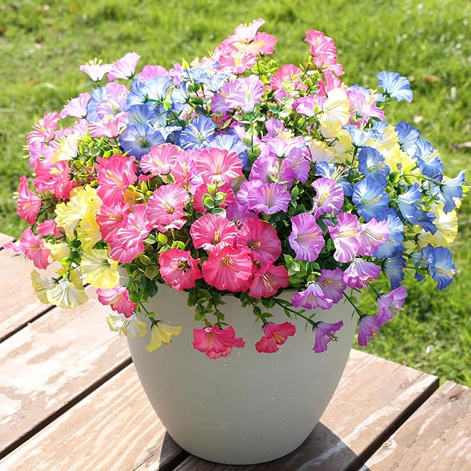 Artificial Flowers for Outdoors Fake Plants Outside Decoration, 12 Bundles Silk Colorful Morning Glory with Eucalyptus UV Resistant Realistic Faux Flowers for Planter Porch Patio Yard Indoor-Ruum Studio Home