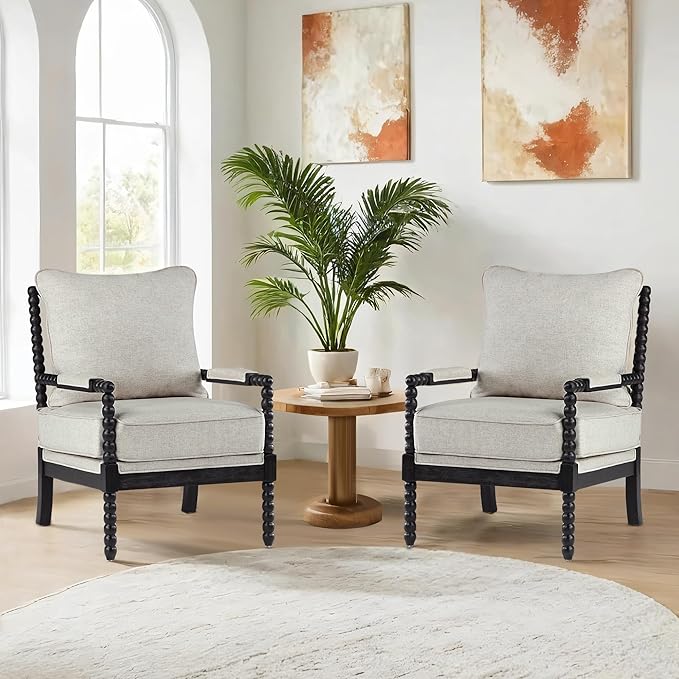 DUHOME Linen Fabric Spindle Accent Chairs Set of 2,Bobbin Chair with High Resilience Spring Cushion and Armrest Pads, Leisure Armchair for Living Room Bedroom Farmhouse Home Office Belcony-Ruum Studio Home