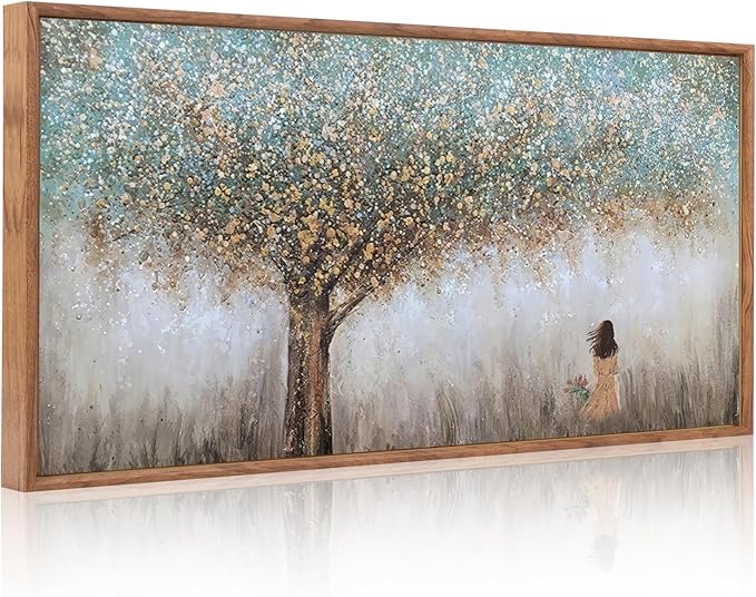 Aurlan Tree of Life Hand Painted Framed Wall Decor(40"x20"), Large Abstract Girl under Tree Oil Painting Canvas Artwork, Modern Nature Landscape Art for Office Living Room Bedroom-Ruum Studio Home