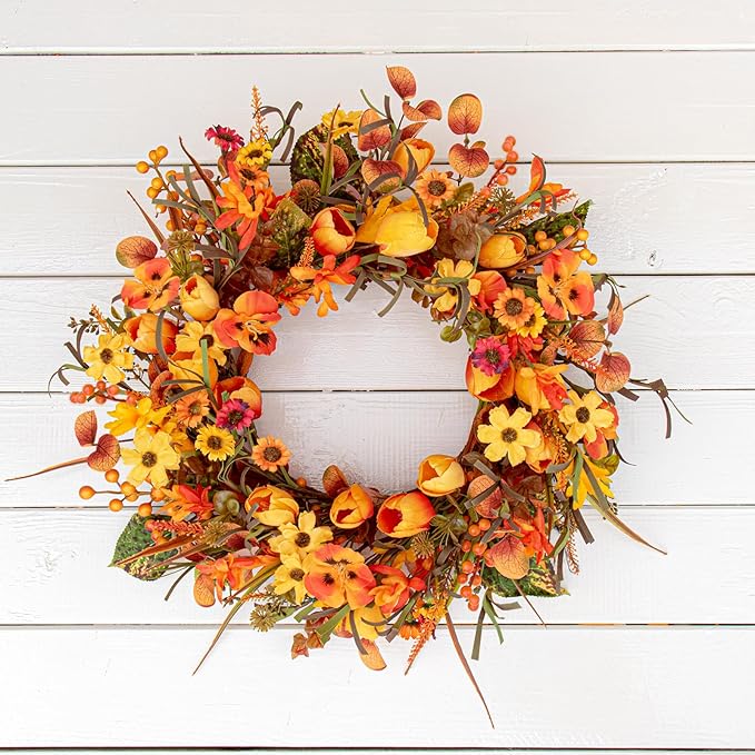 18 Inches Fall Wreaths for Front Door Rustic Autumn Wreath Farmhouse Fall Floral Wreaths with Tulips Phalaenopsis Orange Wildflowers for Wall Window Porch Indoor Outside Decor-Ruum Studio Home