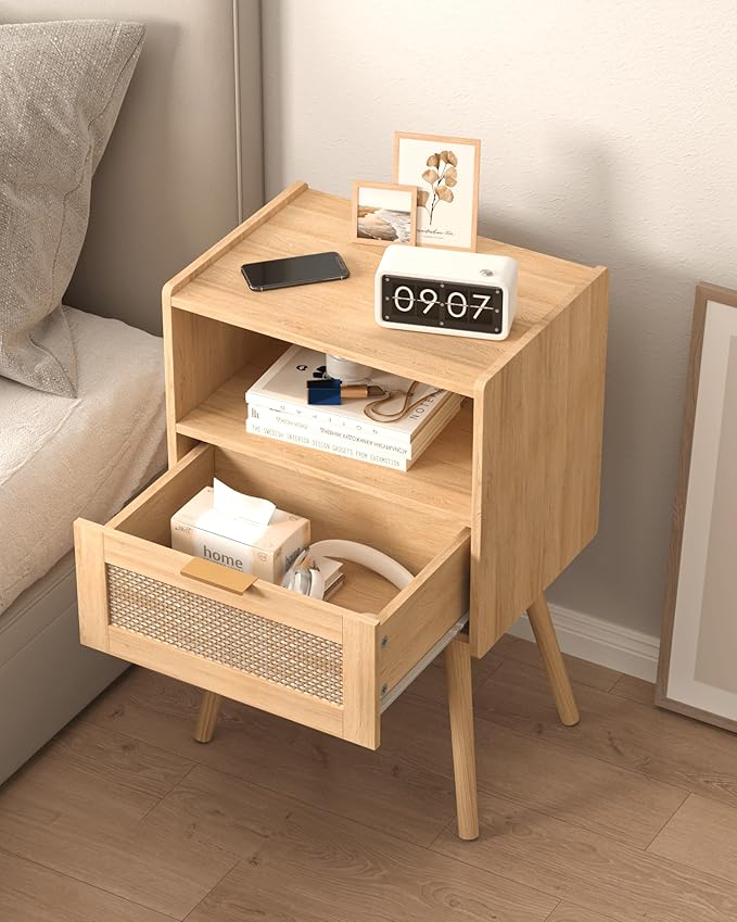 Rattan Nightstand,Modern Bedside Table with Storage Drawer and Open Wood Shelf, for Living Room, Bedroom and Small Spaces, Accent Night Stand with Solid Wood Legs, Easy Assembly,(Oak)-Ruum Studio Home