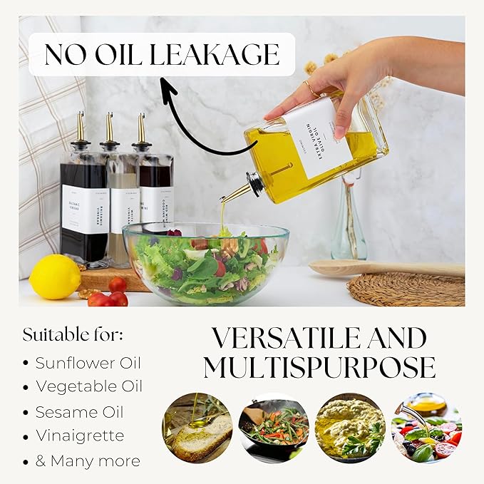 Premium Glass Olive Oil Dispenser Bottle 350ml | Cooking Oil and Vinegar Dispenser | Oil Dispenser for Kitchen with Gold Pourers, Funnel, Brush & 36 Labels (4 Pack)-Ruum Studio Home