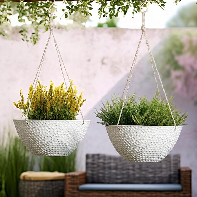 LA JOLIE MUSE Hanging Planters for Outdoor Plants, Large Hanging Planter with Drain Holes, Outdoor Hanging Flower Pots, White Stone, Honeycomb (13.2 Inch, Set of 2)-Ruum Studio Home