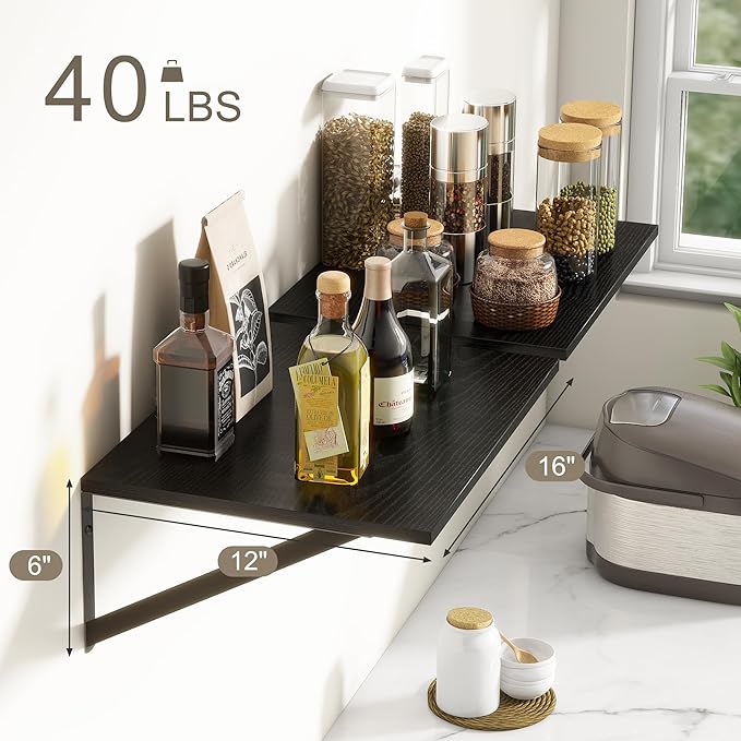 Fun Memories Deep Floating Shelves for Wall, 12 Inch Deep Black Floating Shelves Set of 2, 16" W x 12" D Wall Shelf, Wide Display Ledges Shelves for Bedroom, Bathroom, 12 Deep Bookshelf Wall Mounted-Ruum Studio Home