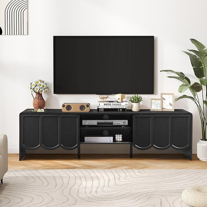 ORRD 63'' TV Stand, Modern TV Console Table Wave Panel Television Stands Entertainment Media Center with Storage Compartment and Sliding Door for Living Room (Black)-Ruum Studio Home