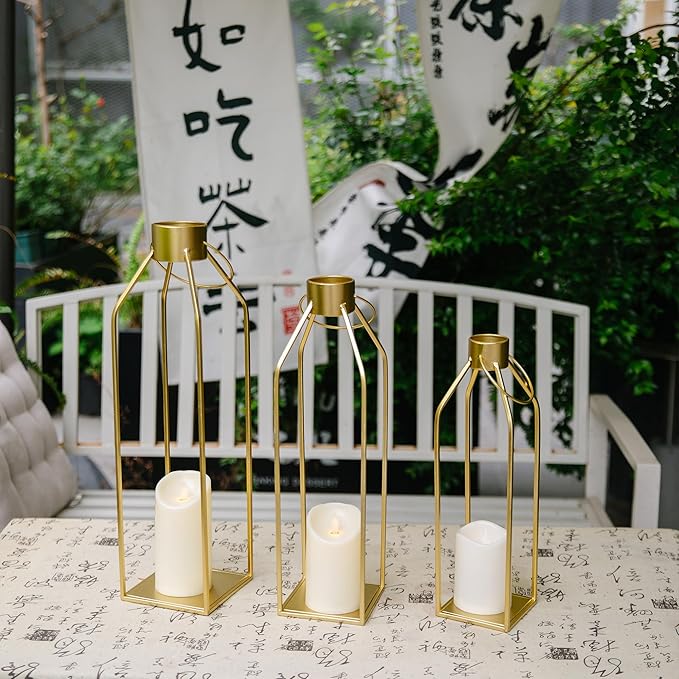 HPC DECOR Modern Farmhouse Lantern Decor- 22''19''16''Tall Large Gold Metal Candle Lanterns for Home Decor-Lanterns Decorative w/Timer Flickering Candles for Living Room,Outdoor,Fireplace Mantle Decor-Ruum Studio Home