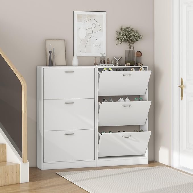 Shoe Storage Cabinet Set of 2 with 3 Flip Drawers, Narrow Shoe Cabinet Freestanding Slim Shoe Storage Organizer for Entryway, Hallway, Entrance, Bedroom, Living Room, White-Ruum Studio Home