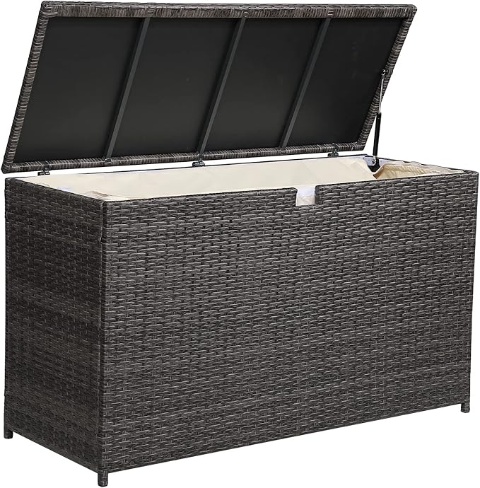 Super Patio Outdoor Patio Storage Box Waterproof, 120 Gallon Large Deck Box Wicker Storage Bin for Cushions, Garden Tools, Gray-Ruum Studio Home