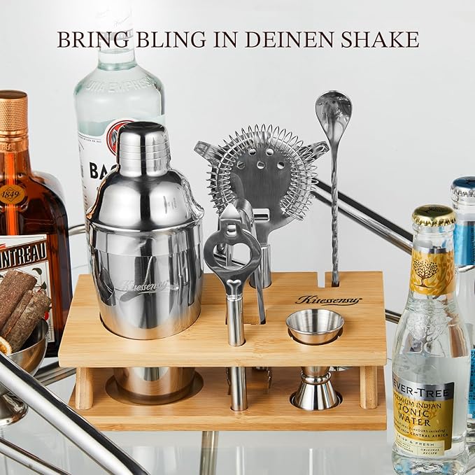 KITESSENSU Cocktail Shaker Set Bartender Kit, 6-Piece Silver Bar Set with Stand, Bar kit with Essential Bar Accessory Tools: Martini Shaker, Jigger, Strainer, Bar Spoon, Tongs, Opener-Ruum Studio Home
