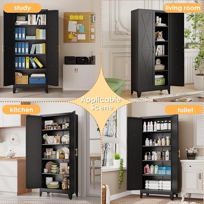 71" H Metal Kitchen Pantry Storage Cabinet, Freestanding Cupboard with 2 Doors and 4 Adjustable Shelves, Standing Storage for Kitchen, Bathroom, Garage, Dinning Room or Utility Room（Black）-Ruum Studio Home