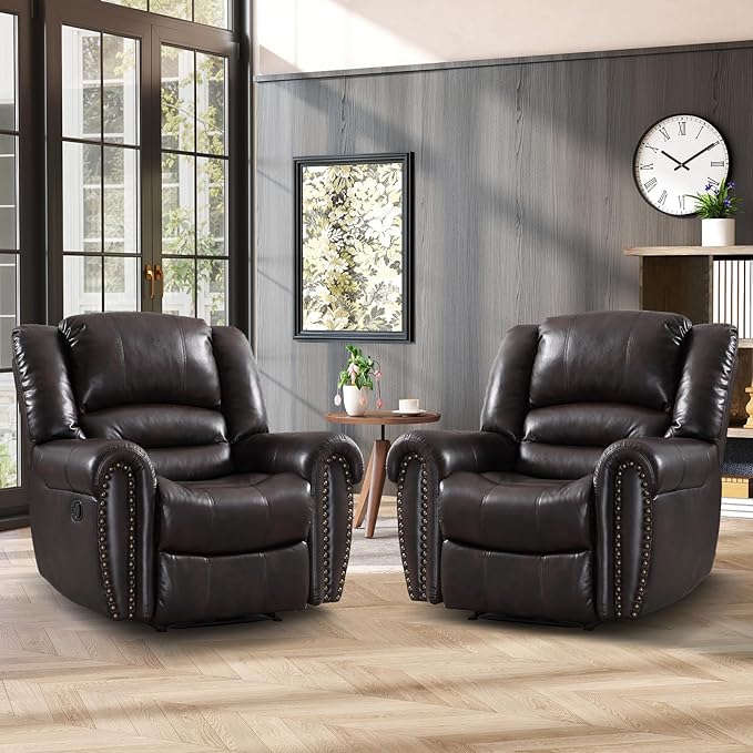 CANMOV Leather Recliner Chair Set of 2, Classic and Traditional Manual Recliner Chair with Comfortable Arms and Back,Manual Single Recliner Sofa for Living Room, Dark Brown-Ruum Studio Home