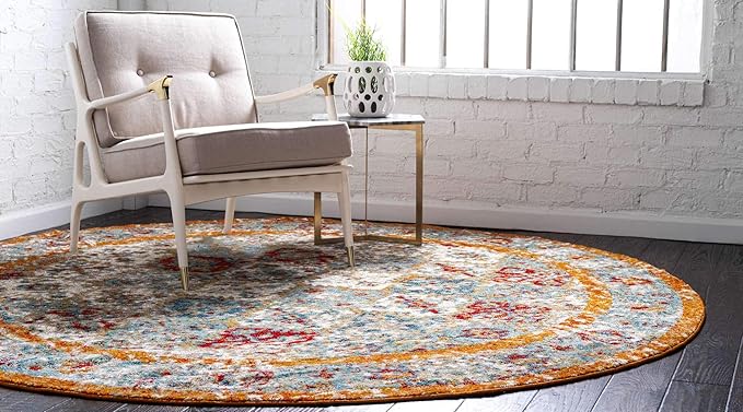 Unique Loom Rosso Collection Vintage, Traditional, Bohemian, Geometric, Distressed, Southwestern Area Rug, 8' 0" x 8' 0", Beige/Orange-Ruum Studio Home