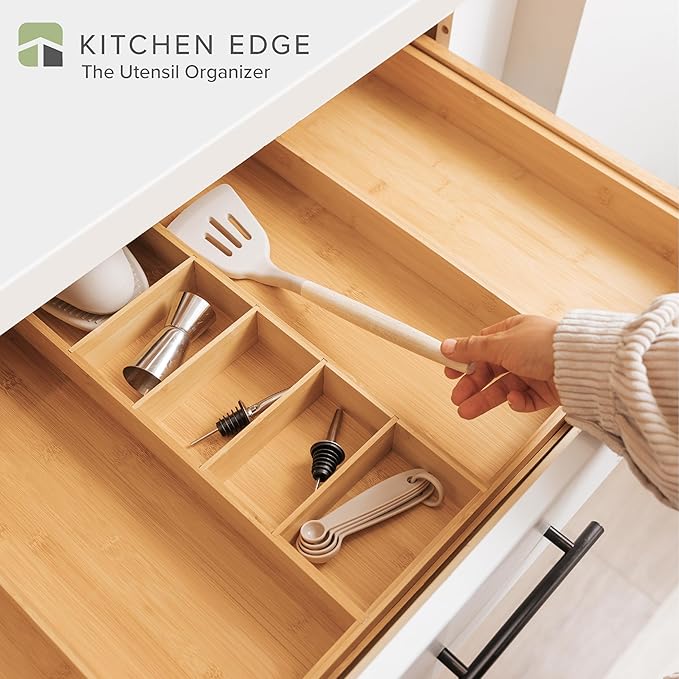 Adjustable Kitchen Drawer Organizer for Utensils and Junk, Food-Safe Contract Grade with 100% Sustainable Wood, Expandable from 19 to 33 Inches Wide - Natural Bamboo-Ruum Studio Home