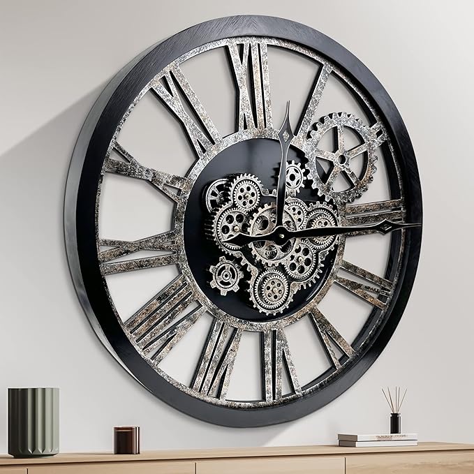 Large Wall Clock, Clocks for Living Room Decor Oversized 30 Inch Wall Decor Farmhouse Vintage Rustic Industrial Roman Big Chic Home Decor Wall Clock for House Bedroom Office, Moving Gears Clock-Ruum Studio Home