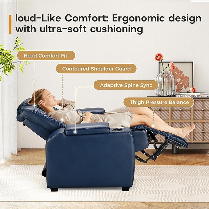 ANJ Power Home Theater Seating, PU Leather Electric Recliner Chair with Powered Headrest, Dual Motors Movie Reclining Chairs with LED Lights,USB Port, Cup Holders, Hidden Arm Storage (Blue & Black)-Ruum Studio Home