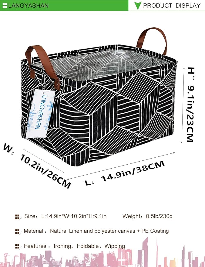 LANGYASHAN Rectangular Storage Bin Collapse Canvas Fabric Cartoon Storage Basket with Handles for Organizing Home Kitchen Boys and Girls Toys Office Closet Shelf Baskets (Black Diamond)-Ruum Studio Home