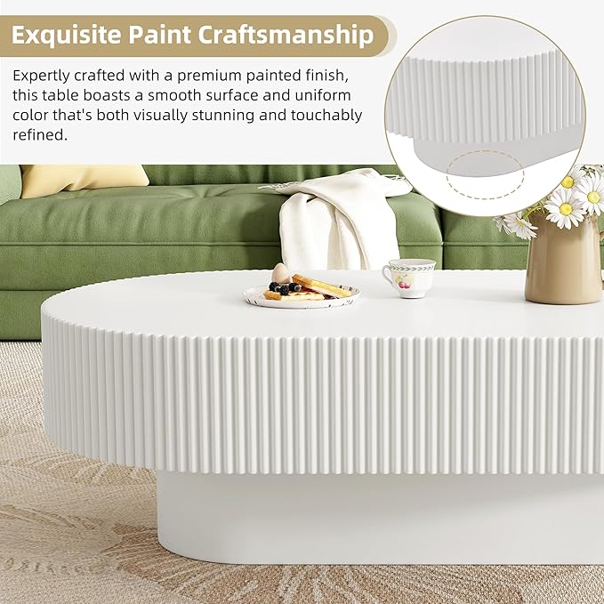 43.3" Oval Fluted Coffee Table Modern Elegant Drum End Table, Minimalist Center Table 7.8" Thick Tabletop with Sturdy Base for Living Room, Bedroom, Apartment,Easy Assembly, White-Ruum Studio Home