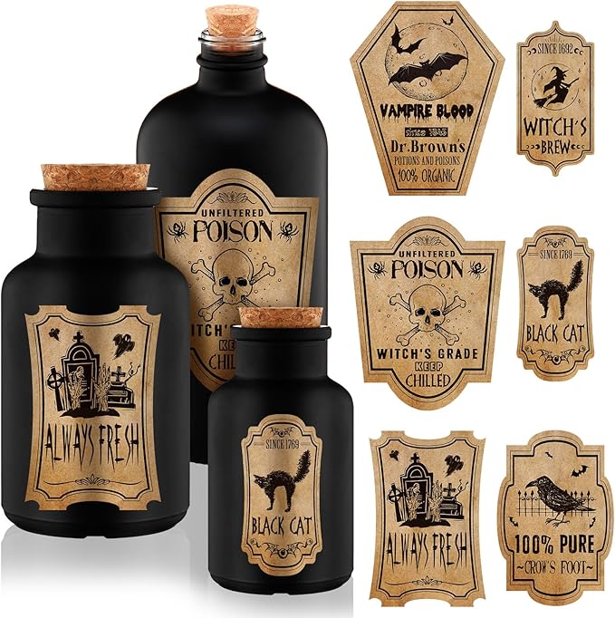Umigy 3 Pcs Vintage Glass Potion Bottles with Cork Lid Black Halloween Tiered Tray Decoration 12 Apothecary Bottles Jars Stickers Labels Halloween Table Home Bathroom Decorations Indoor-Ruum Studio Home