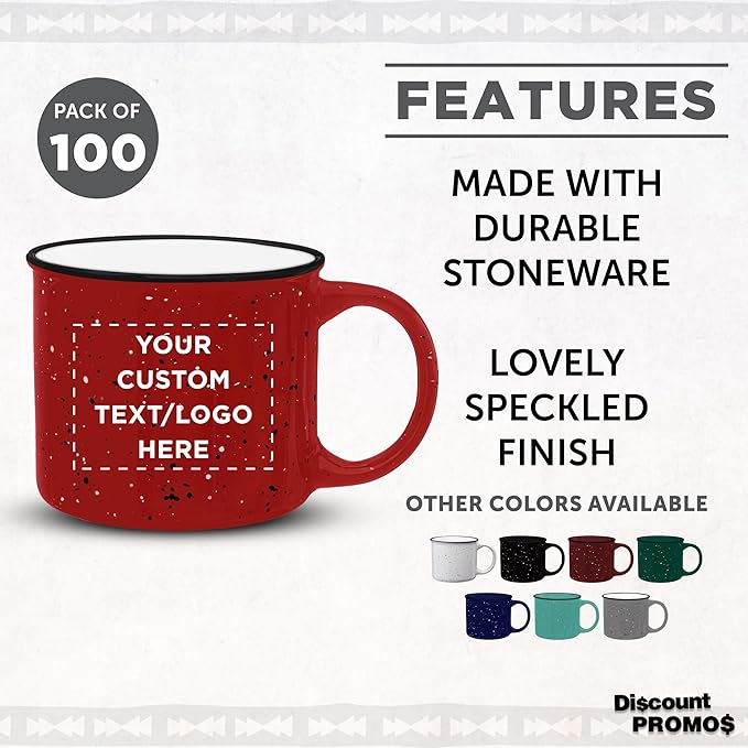 DISCOUNT PROMOS Custom Ceramic Campfire Coffee Mugs 13 oz. Set of 100, Personalized Bulk Pack - Perfect for Tea, Espresso, Cappuccino, Hot Cocoa - Red-Ruum Studio Home