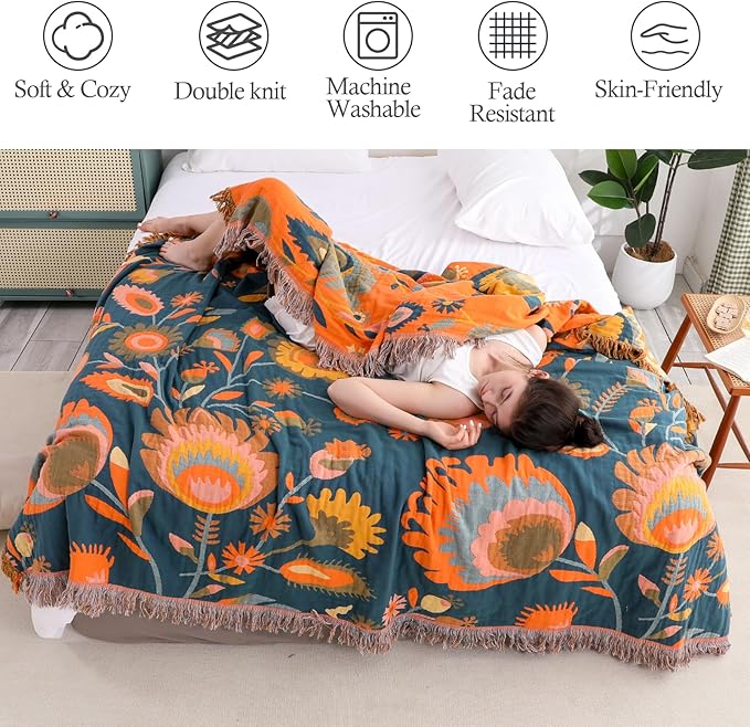 Snycler Boho Throw Blanket for Bed, 100% Organic Cotton Muslin Soft Throw-Orange Boho Floral Farmhouse Rustic Spring Summer Fall Decor Blanket for Couch Sofa Quilt and Gift, 80" x 90"-Ruum Studio Home